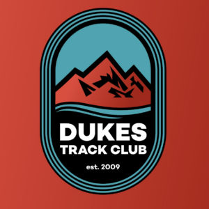 Dukes Track Club Logo, mountains, river, track, with Dukes Track Club text established 2009.